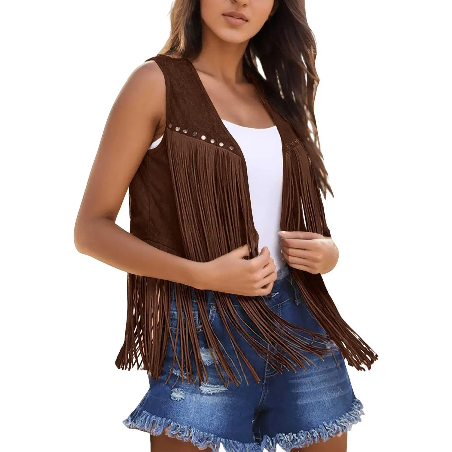 Женский жилет с бахромой из искусственной замши Vintage Sleeveless Hippie, Dark Khaki