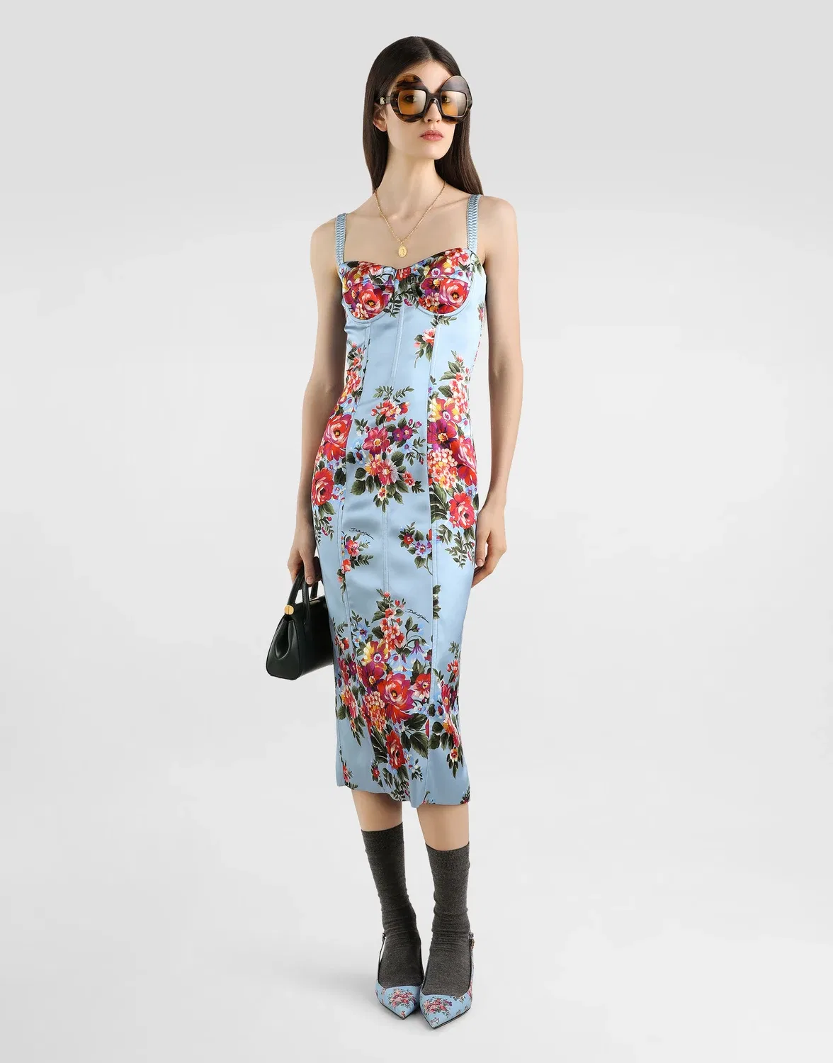 Атласное платье с цветочным принтом DOLCE & GABBANA, бежевый — фото 2