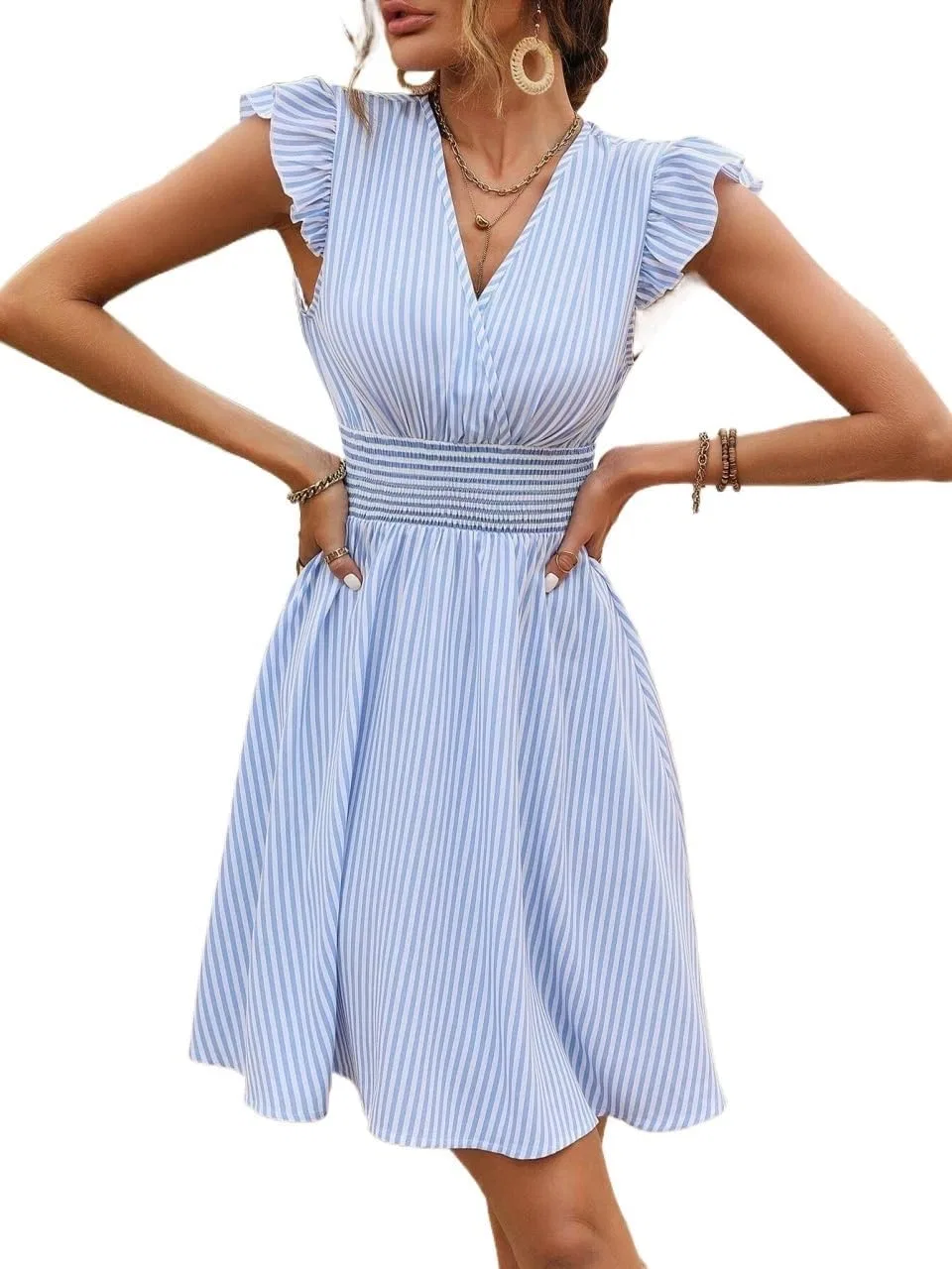 Женское повседневное платье с воланами A-silhouette, Striped, Blue