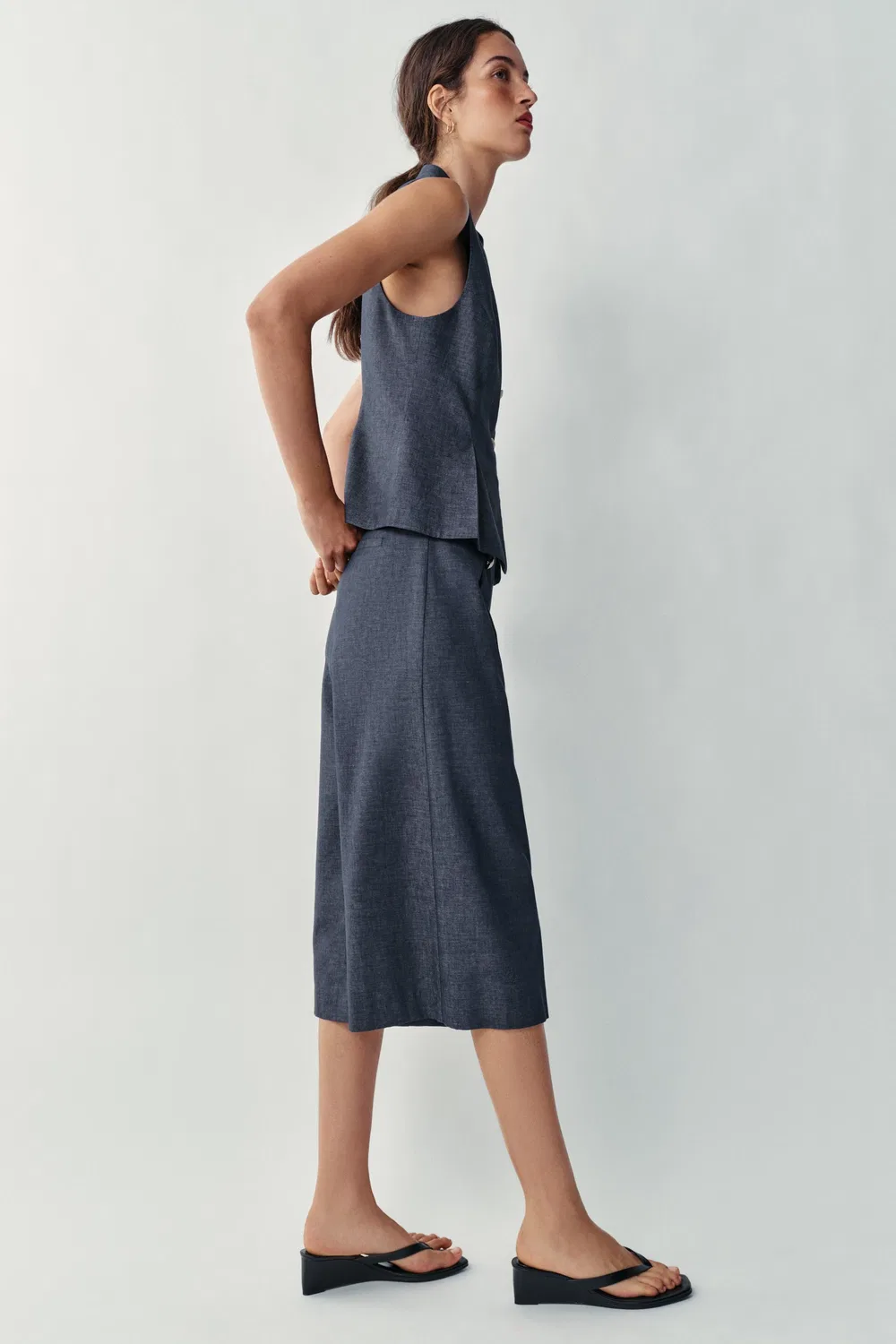 Двубортный жилет из льняной смеси ZARA, Indigo — фото 3