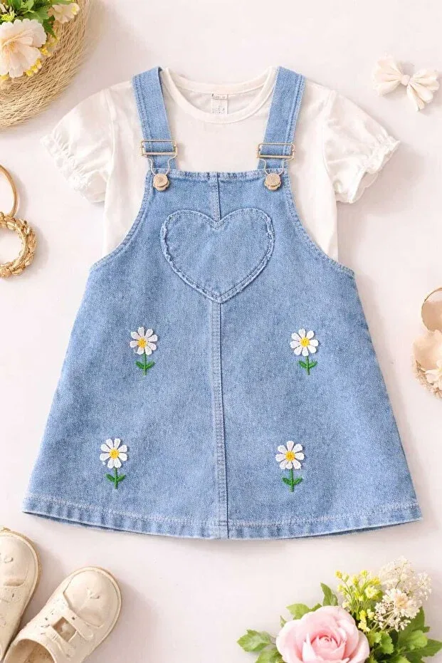 Детский комбинезон для девочек с вышивкой Daisy Denim Gilet Blouse Set Bebexo Kids, Blue — фото 3