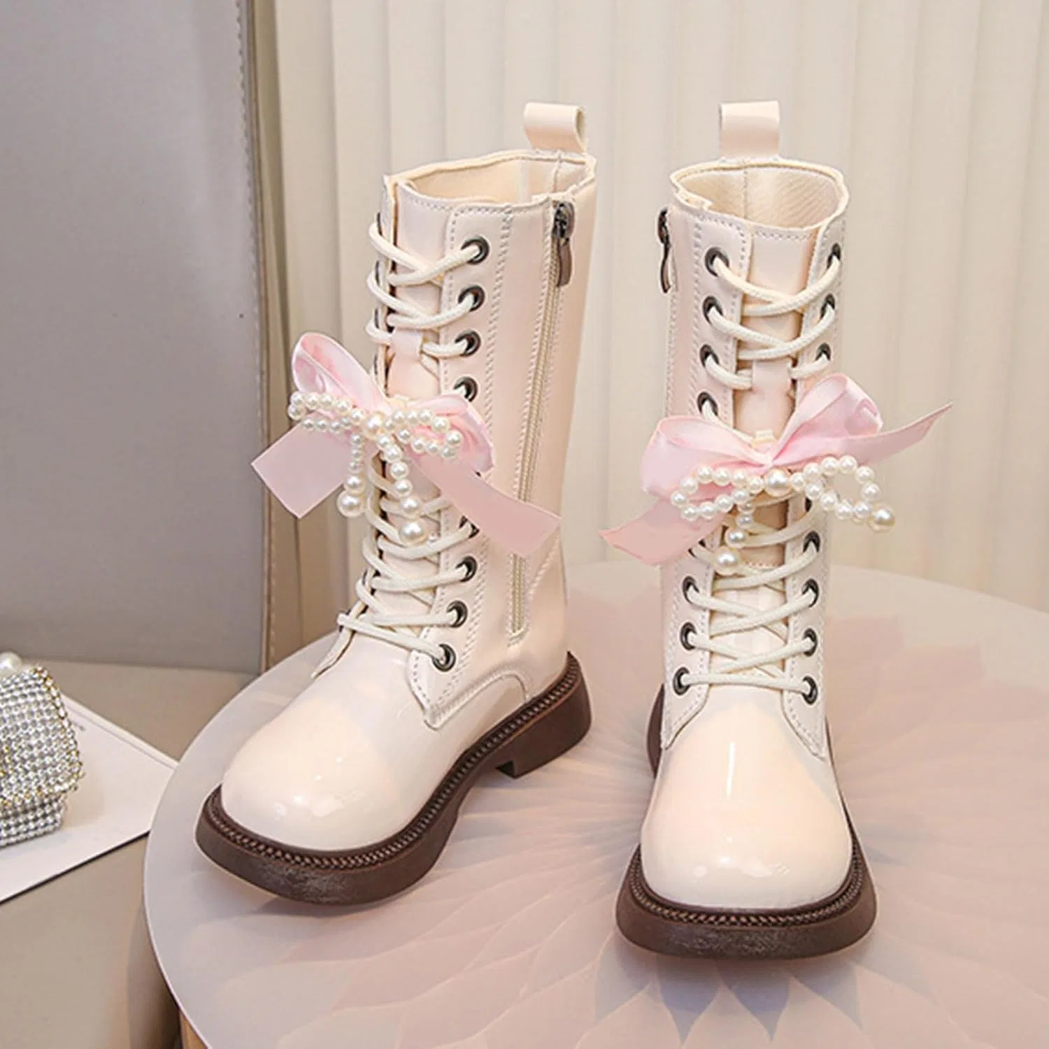 Детские ботинки для девочек с бантом на молнии, модель Punk Goth, Beige — фото 3