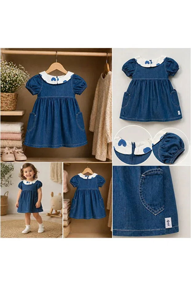 Детское джинсовое платье для девочек с коротким рукавом Girl's heart collar denim dress with buttons and pockets stylish casual jean dress Genel Tr, Navy Blue — фото 3