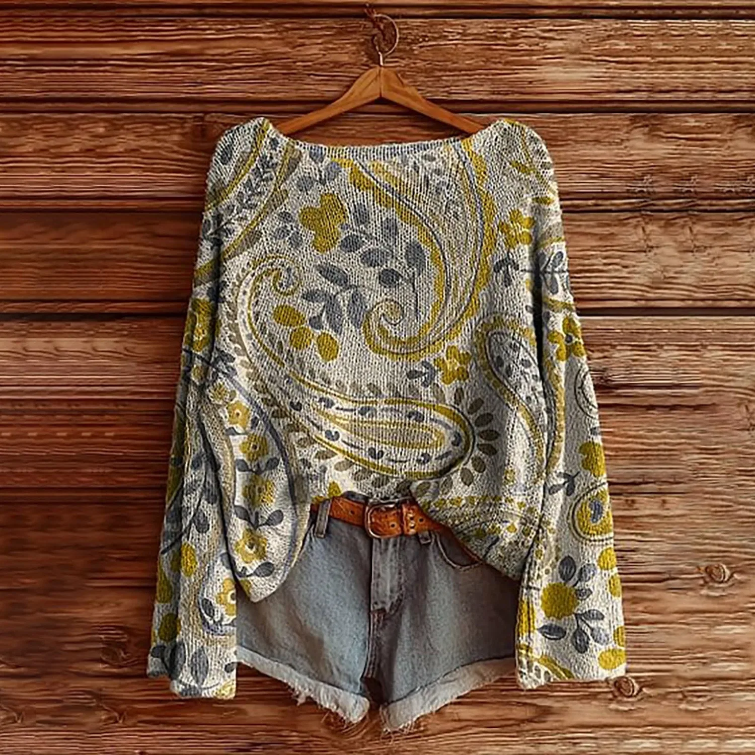 Женский свитер с принтом Vintage Floral Print Bohemia, Light Yellow — фото 2