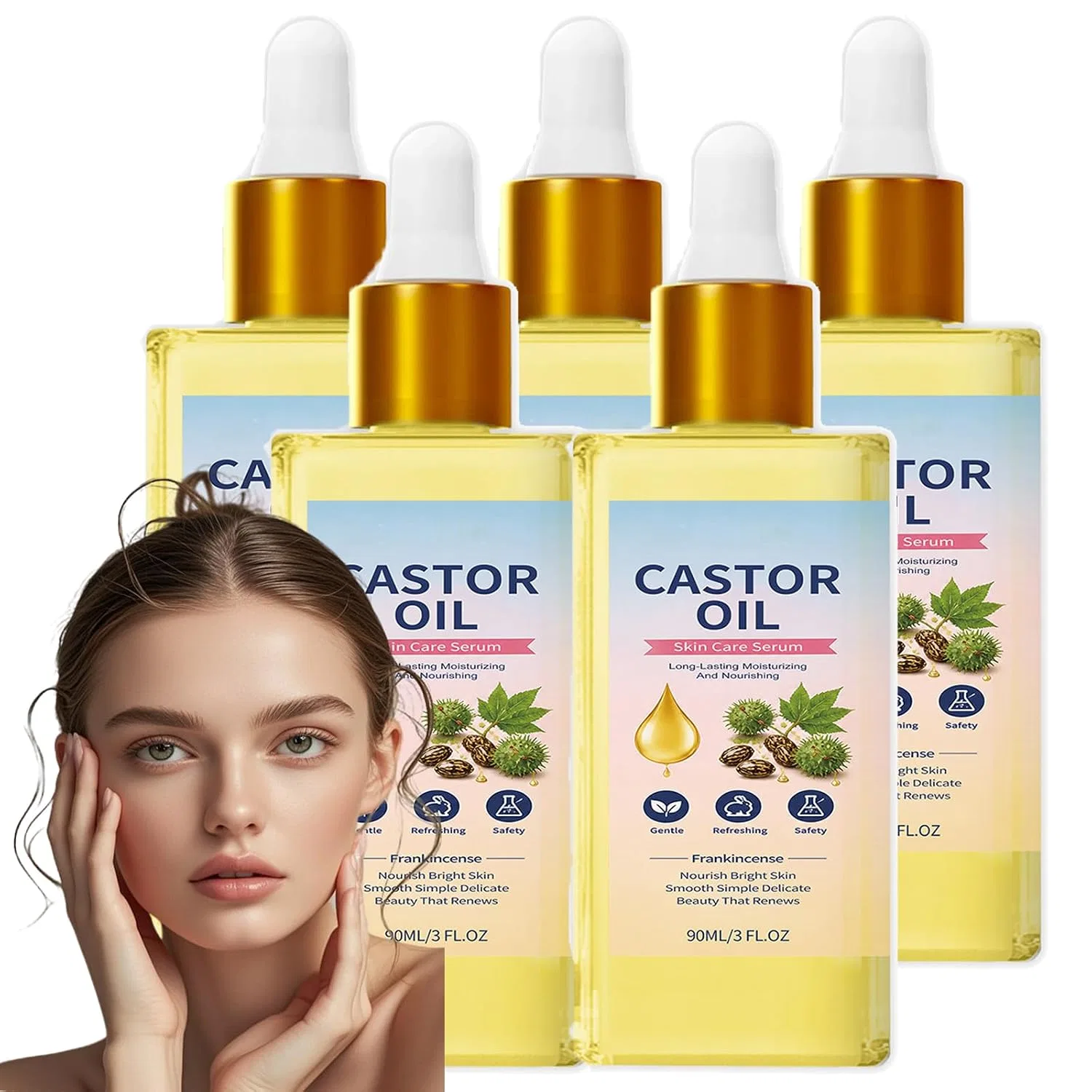 Масло касторовое с роликом из розового кварца, Bio, 90ml, 5pcs, XINRAN