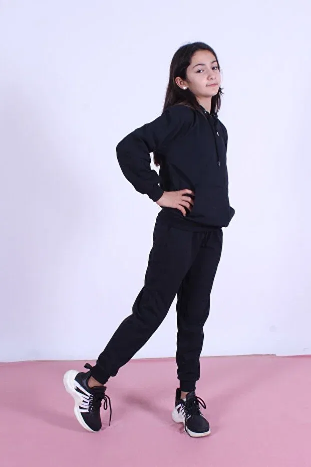 Детский комплект спортивного костюма для девочек с капюшоном Panio Kids, Black — фото 3