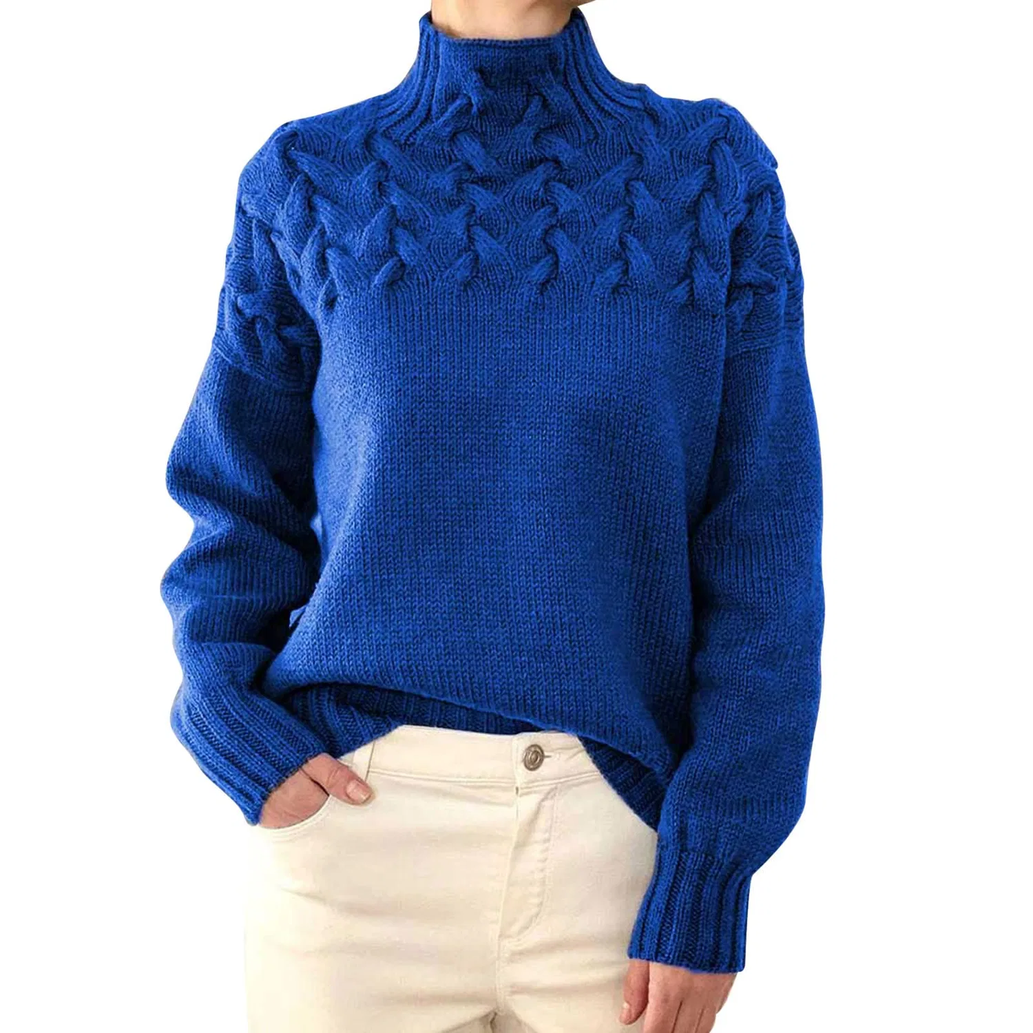 Женский свитер с высоким воротом и косами, с длинным рукавом, Blue