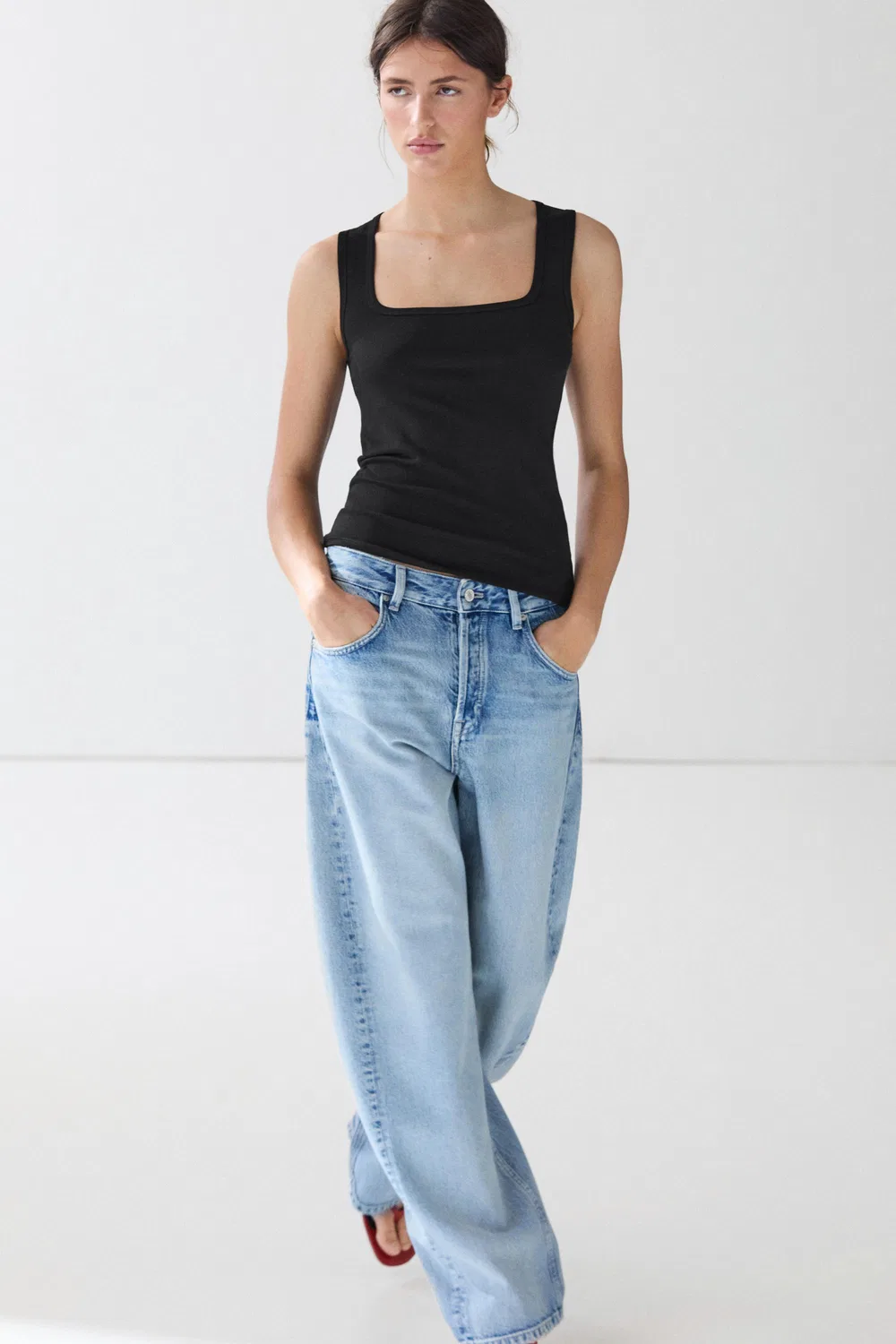 Топ Massimo Dutti Cotton Blend Square Neck, черный — фото 4