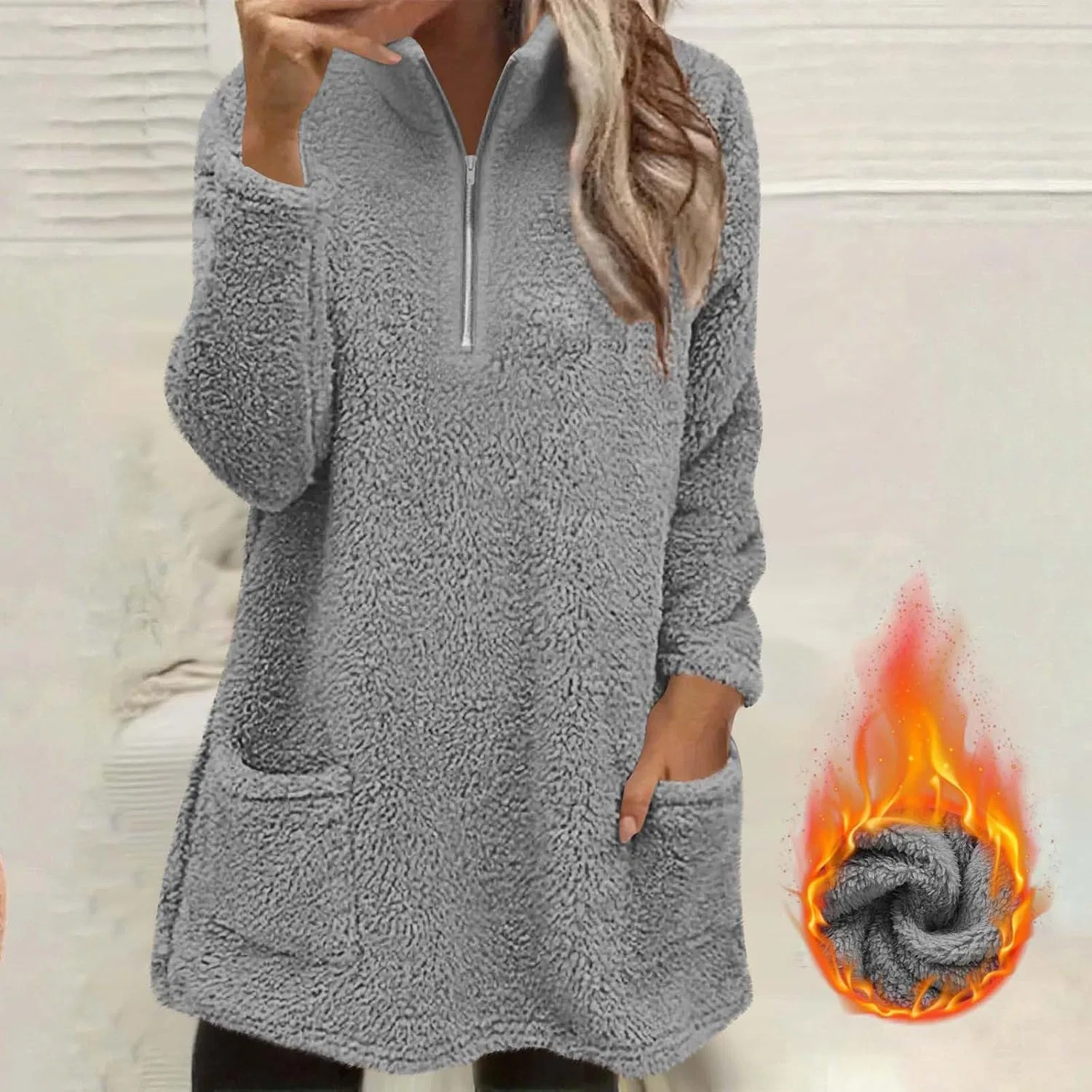 Женский свитшот из флиса с воротником-стойкой и четвертью молнией, модель Oversized, цвет Gray — фото 2