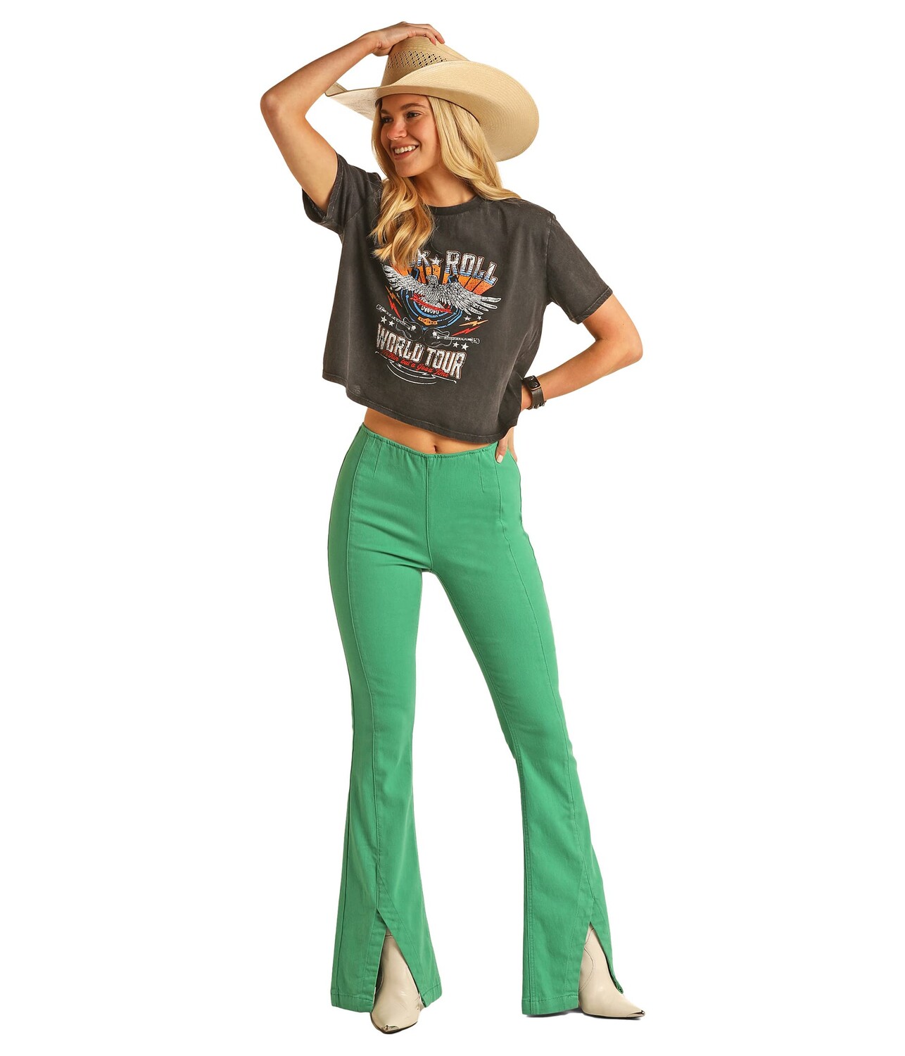 

Джинсы Rock and Roll Cowgirl, High-Rise Bargain Bell with Hem Slit Pull-On Flare in Kelly Green RRWD6PRZUC