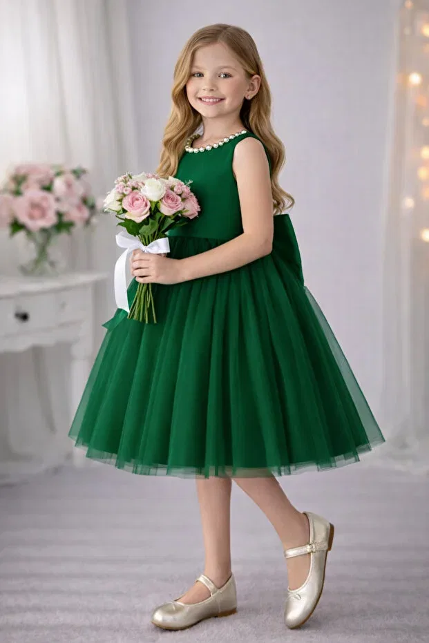 Детское платье для девочек без рукавов Violet model collar pearl Suneh, Emerald Green — фото 2