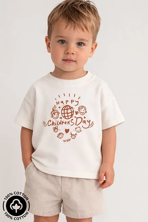 Детская футболка оверсайз с принтом Unisex crew neck april 23 Miniel, Ecru