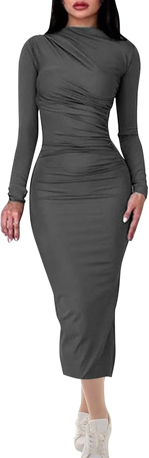 Женское облегающее платье с длинным рукавом, руше, Dark Gray