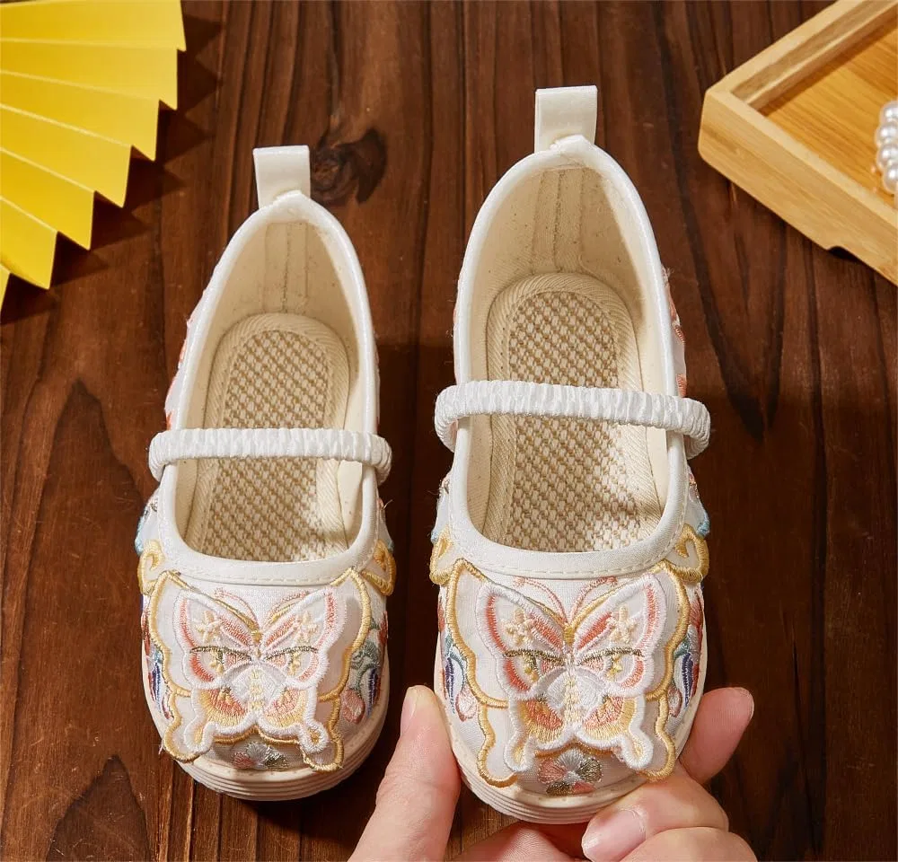 Детские туфли-балетки для девочек с вышивкой Hanfu kkdom, Beige Butterfly — фото 4