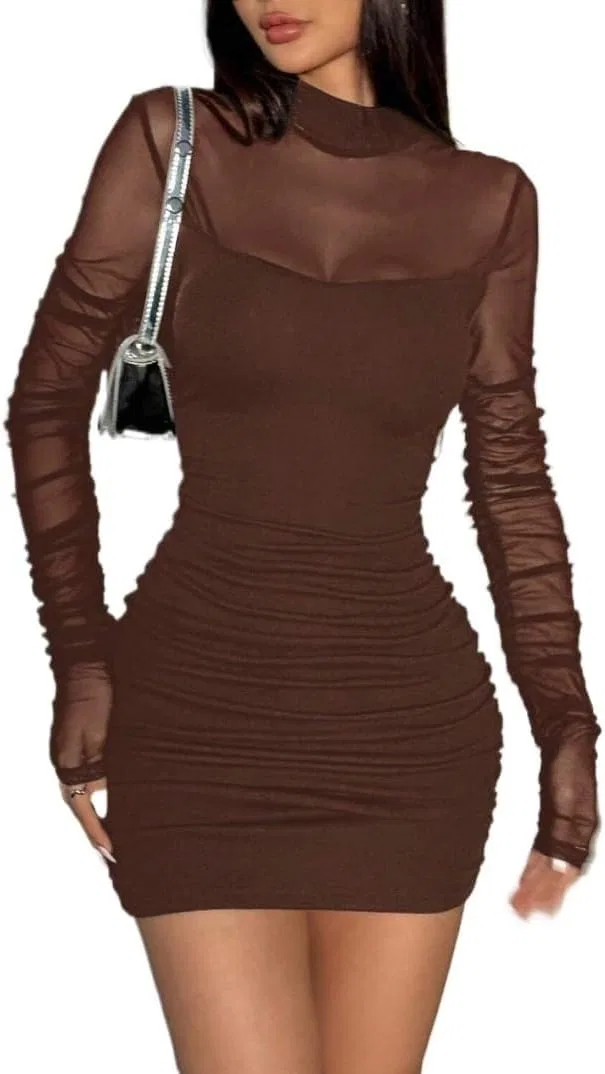 Женское облегающее мини-платье с длинным рукавом Bodycon, Brown — фото 4