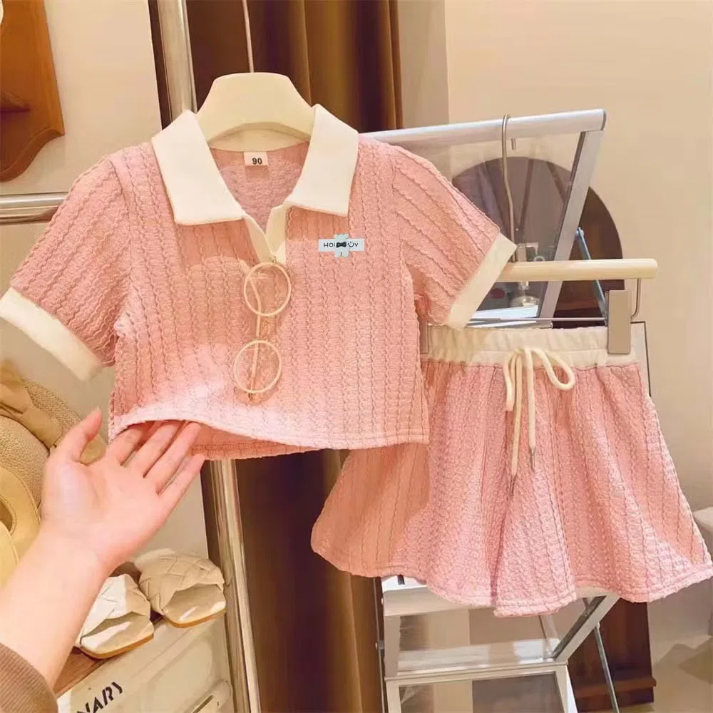 Комплект для девочки с коротким рукавом и шортами, модель Polo Collar, General, розовый