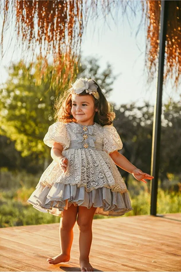 Детское платье для девочек с кружевом Lace embroidered princess model puffy girl's dress_m2405 Mialora, Gri