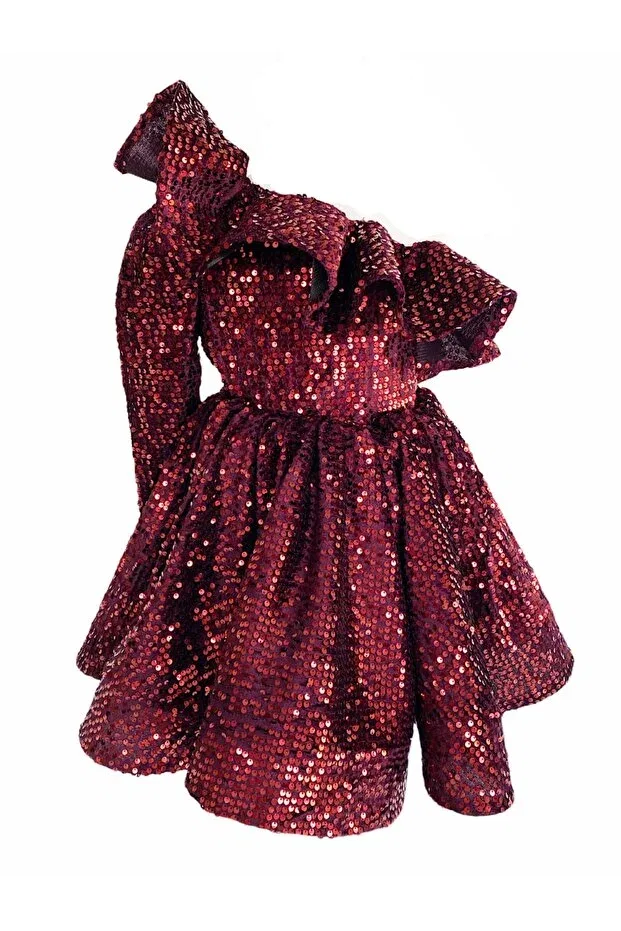 Детское платье для девочек бархатное с принтом Burgundy One Shoulder Velvet Girls Evening Dress Zühre Balaban, Burgundy