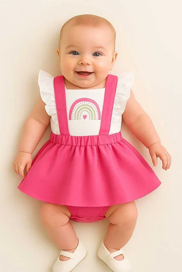 Детское платье-комбинезон для девочек с принтом Girl'S ruffle romper dress rainbow printed Bebekpare, White