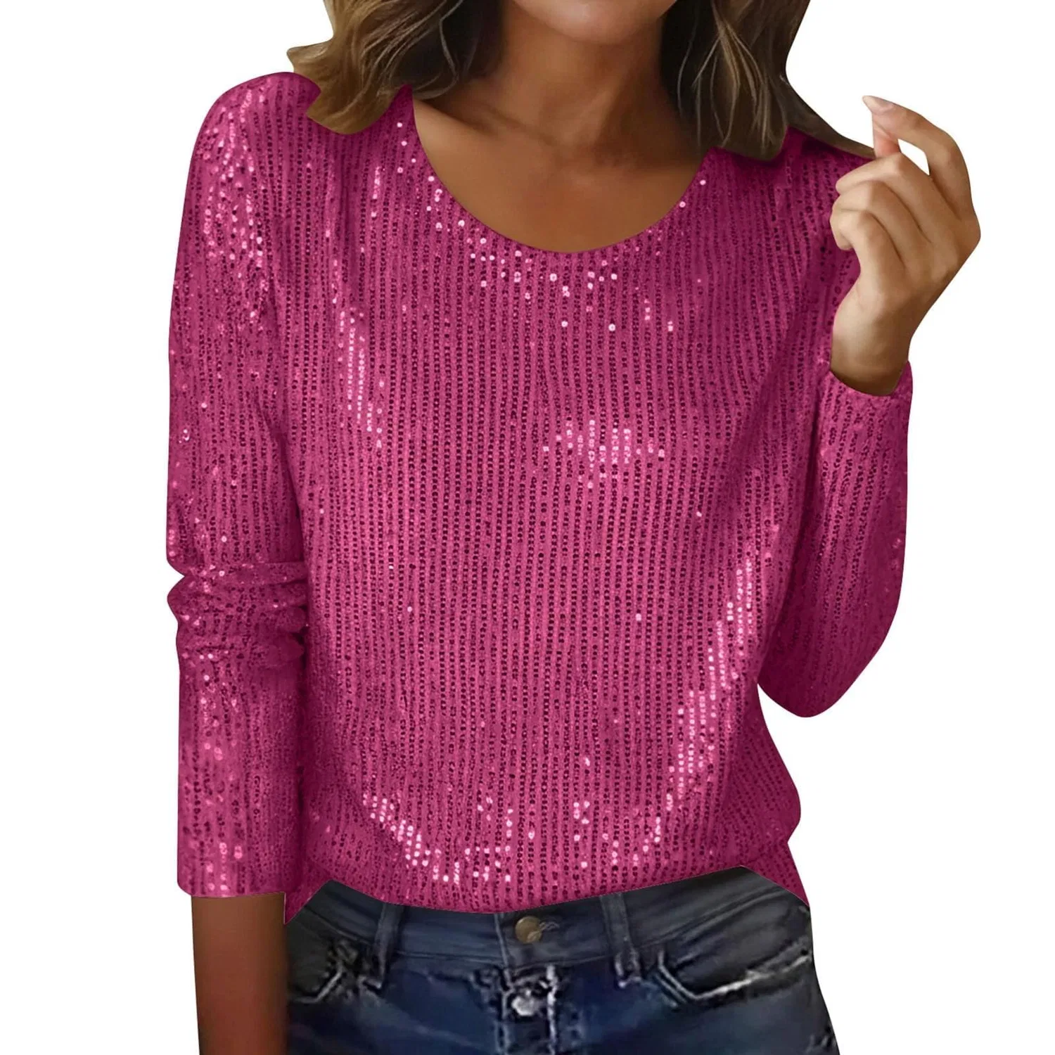 Женская блестящая блузка с длинным рукавом Sequin Tops, 1b-hot Pink