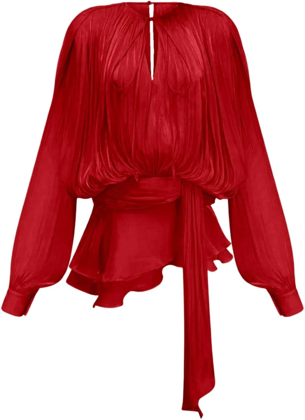 Женское летнее платье с рукавом-фонарик, с рюшами, легкое, модель Bubble Sleeve Pleated Ruffle, красный — фото 3