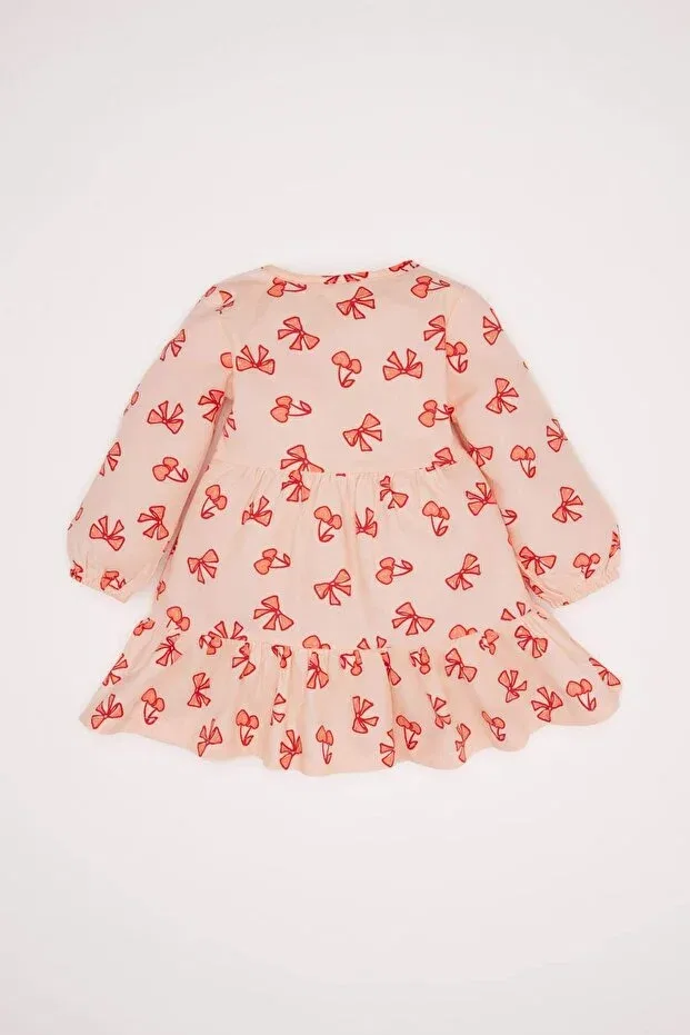 Детское платье для девочек с длинным рукавом Bow patterned long sleeve twill dress baby girl d9564a525sp Defacto, Pink-Pn212 — фото 4