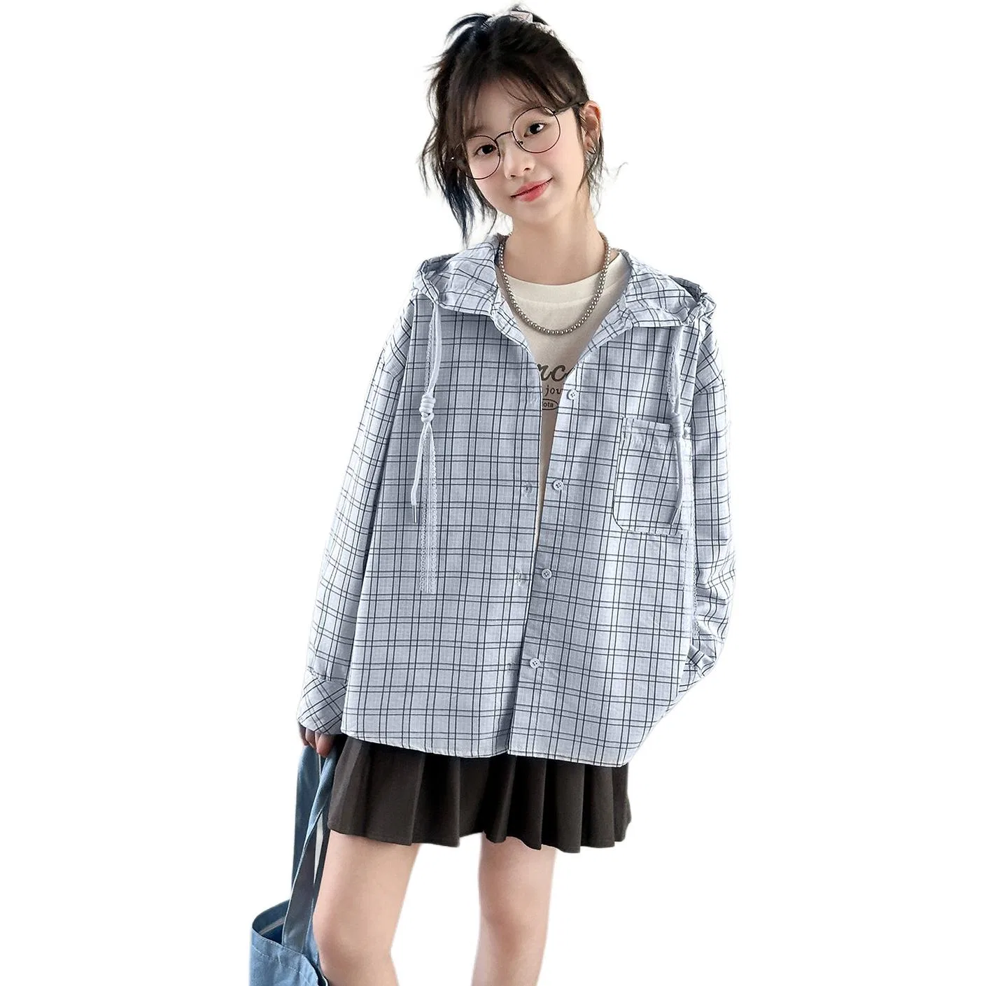 Детская рубашка Casual Shirts Hooded Moderate Blue Plaid Shirt PLANDOO
