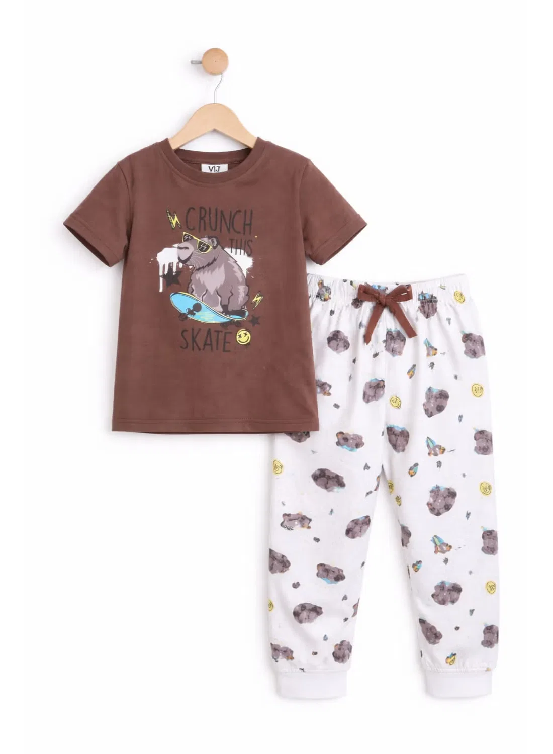 Комплект пижамный с принтом медведя на скейте, модель Bear Skate, Victor And Jane, коричневый