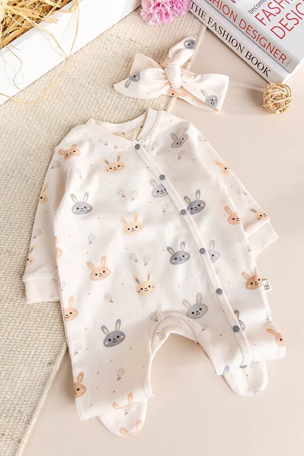 Детский комбинезон для девочек с принтом 100% cotton rabbit patterned bandana Babymod, Ecru