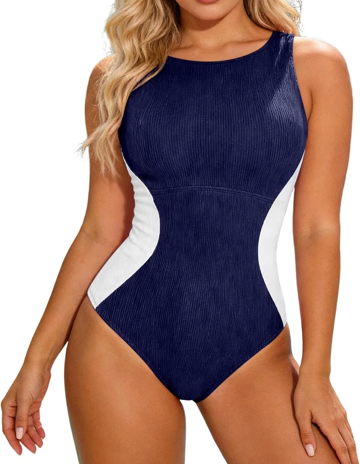 Женский цельный купальник с контролем живота Ribbed Color Block, Navy