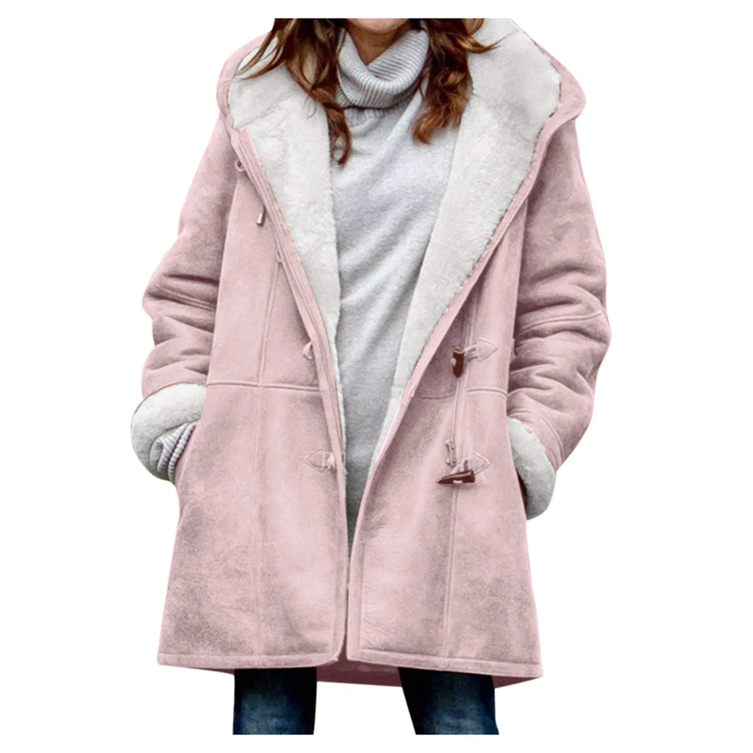 Женское длинное пальто из флиса с шерпой, pink