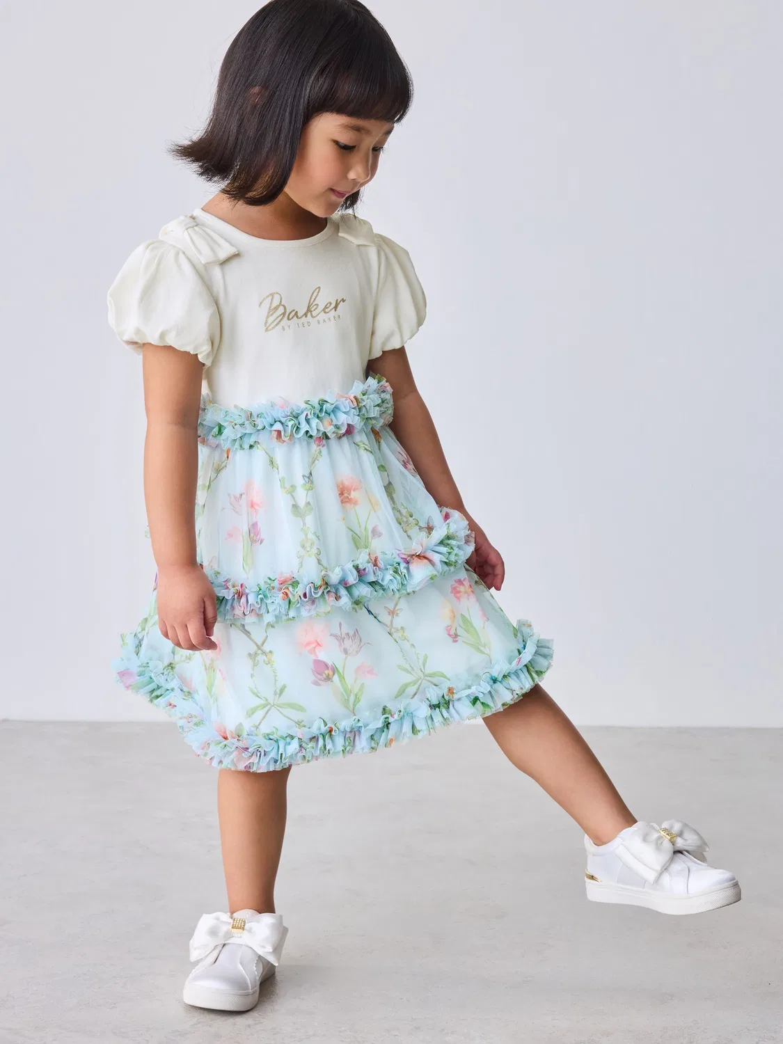 Платье с воланами и сеткой, модель Floral Ruffle Mesh Baker by Ted Baker, голубой — фото 2
