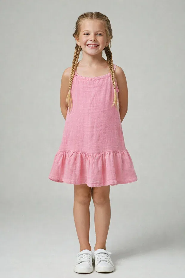 Детское платье для девочек хлопковое Muslin fabric girls' dress with one tie-up strap and ruffled skirt Buufuu, Pink
