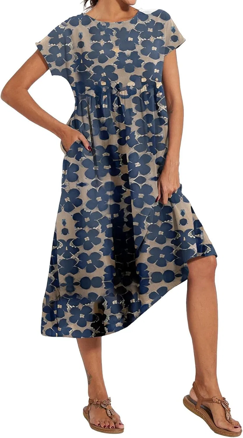 Женское свободное платье-туника миди с карманами Cotton Linen, Blue — фото 4