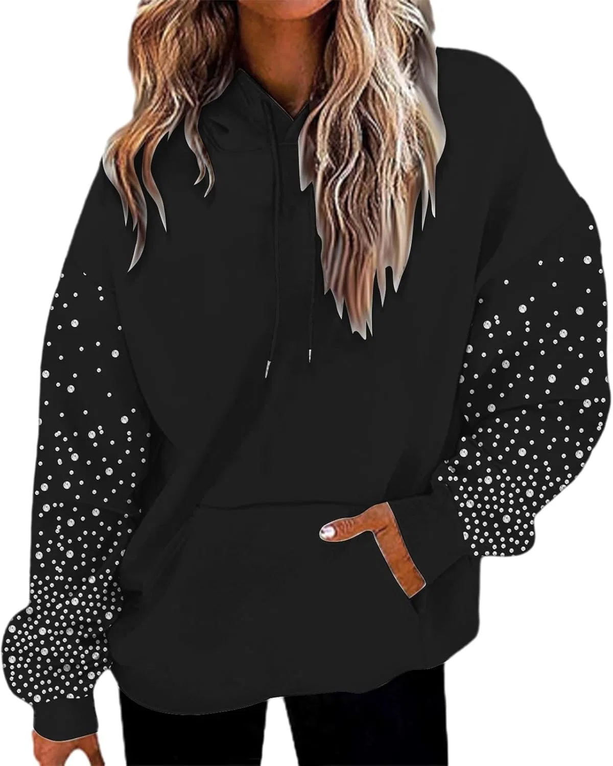 Женское худи с блестками и стразами, с длинным рукавом, Oversized, #Black