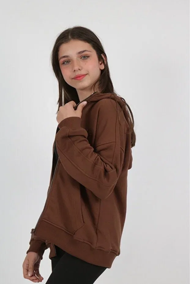 Детский кардиган для девочек с капюшоном Brown Girl's Hooded Zippered Pockets Off Shoulder Embroidery Printed Knitted Cardigan Toontoy, Brown — фото 3