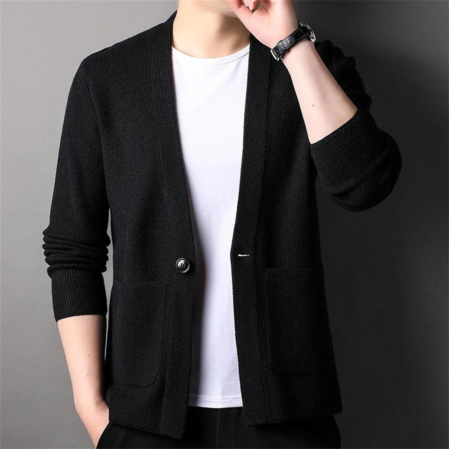 Мужской кардиган V-образным вырезом, вязаный, на одной пуговице, Slim Fit — фото 2