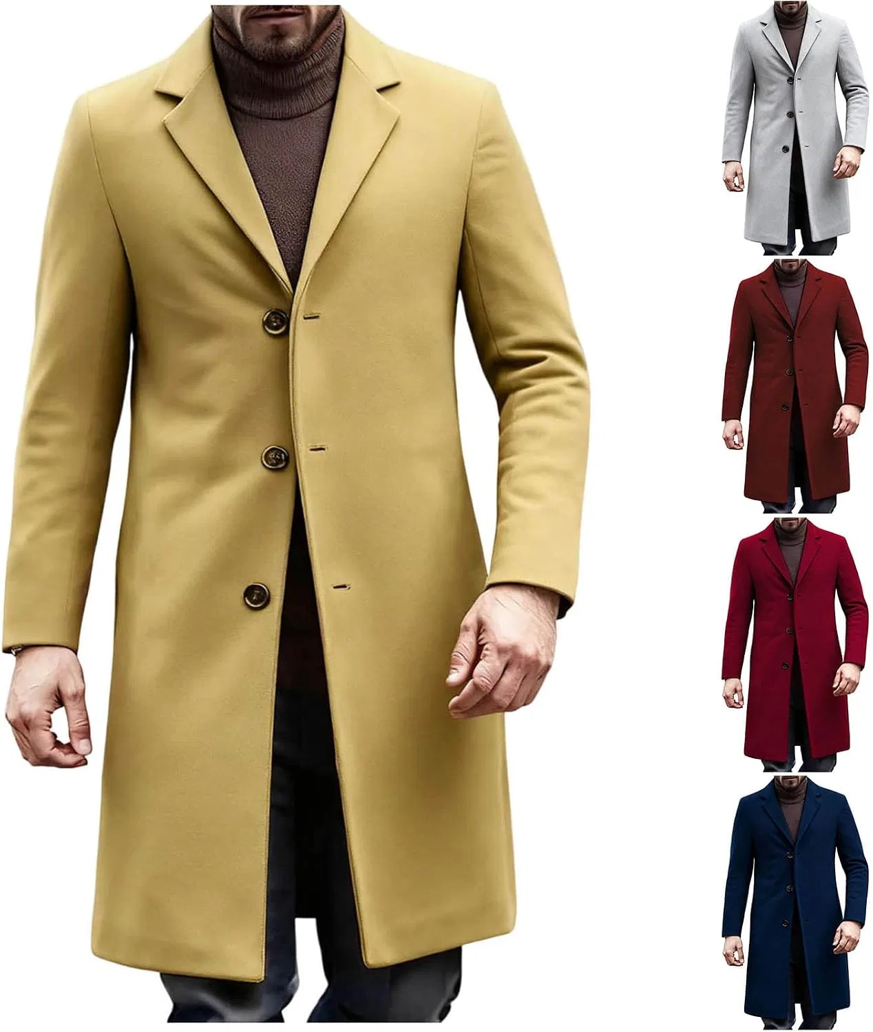 Мужское пальто-тренч двубортное с лацканами, модель Double Breasted Notched Collar Formal Long Coat, цвет Khaki