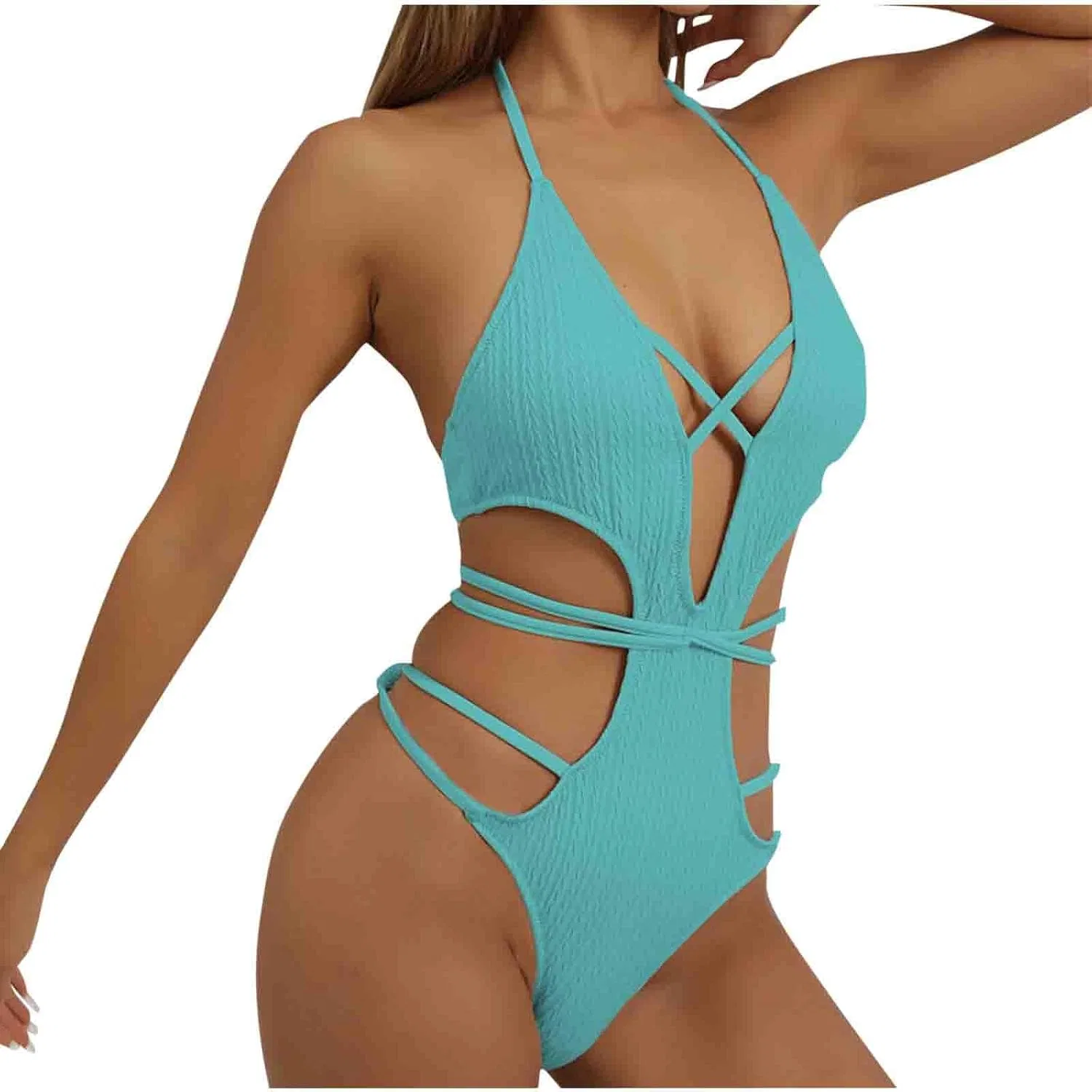 Женский слитный купальник с V-образным вырезом и открытой спиной, Light Blue