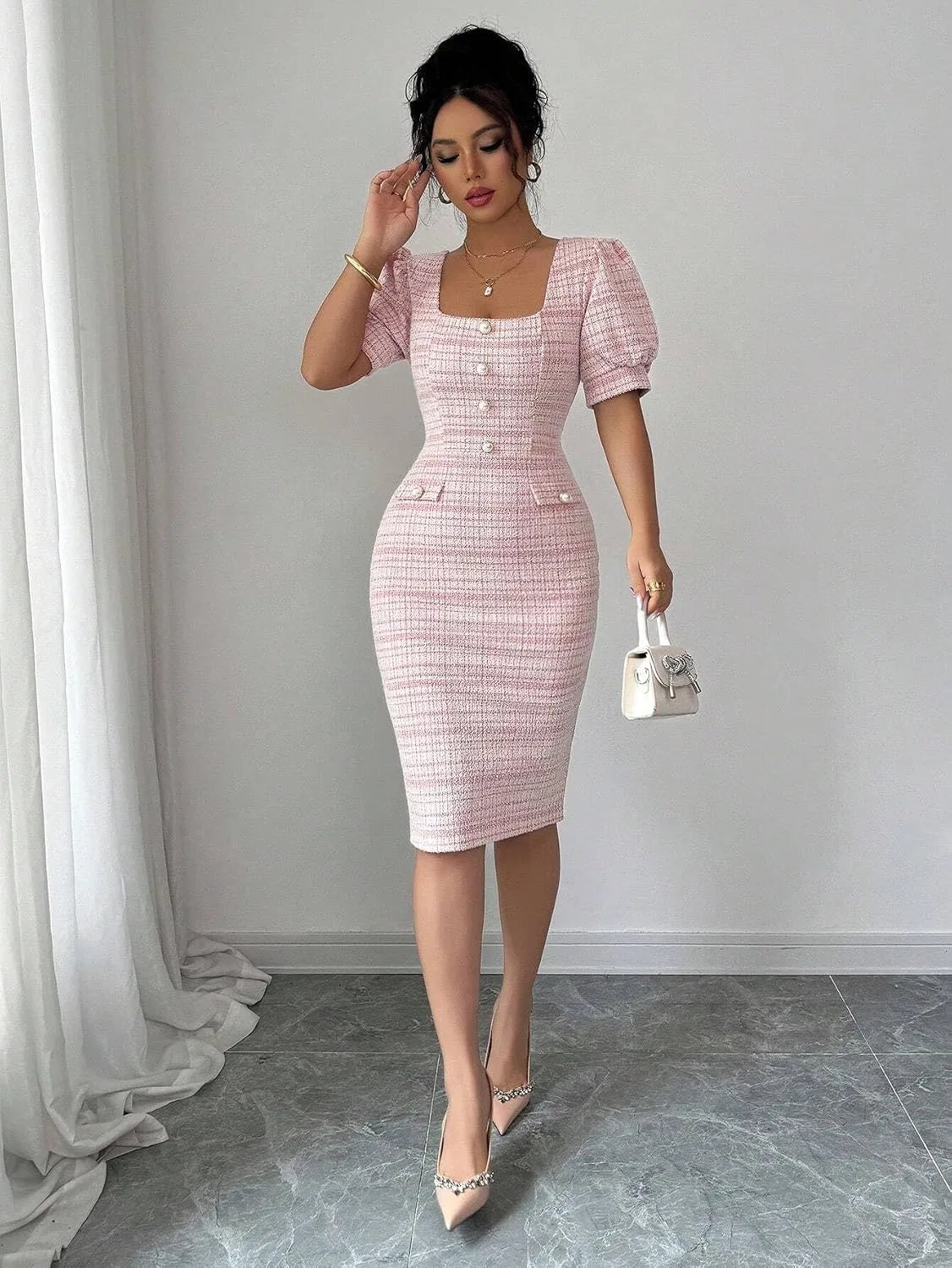 Женское элегантное платье bodycon с пышными рукавами и квадратным вырезом, Pink — фото 3