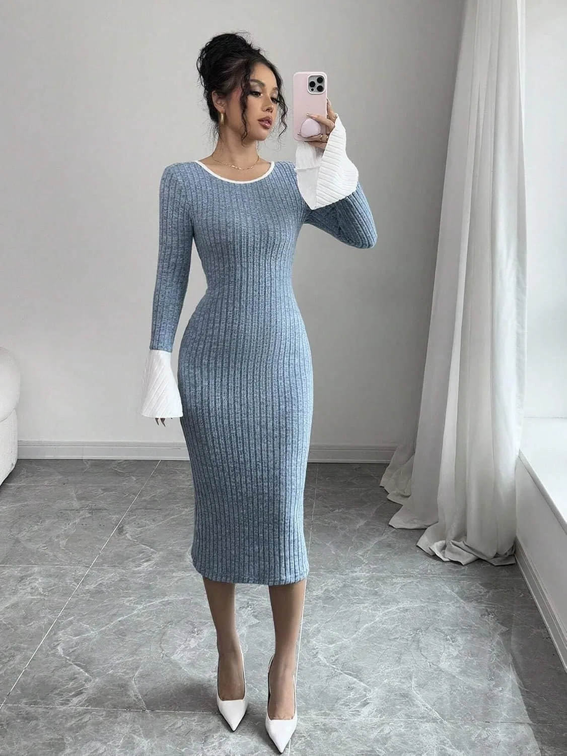 Женское миди-платье с бантом на спине Bodycon, Dusty Blue — фото 4