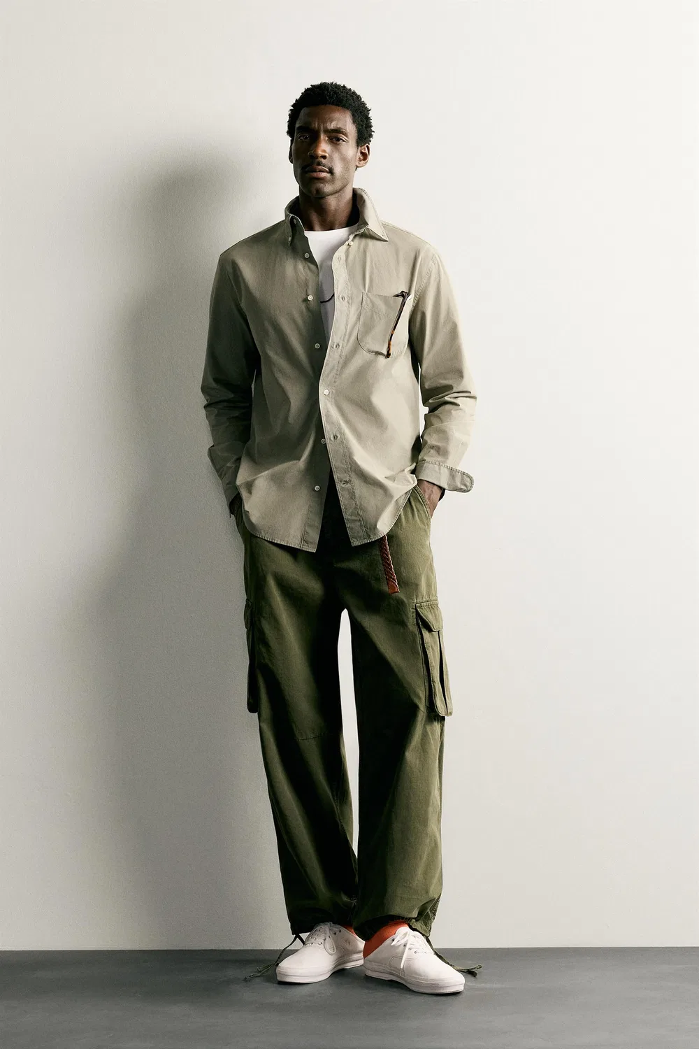Хлопковая рубашка стандартного кроя ZARA, Khaki