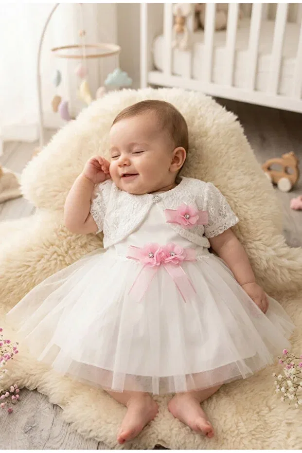 Детское платье для девочек с кружевом и тюлем Pink detailed lace and tulle baby girl dress Dermo, White
