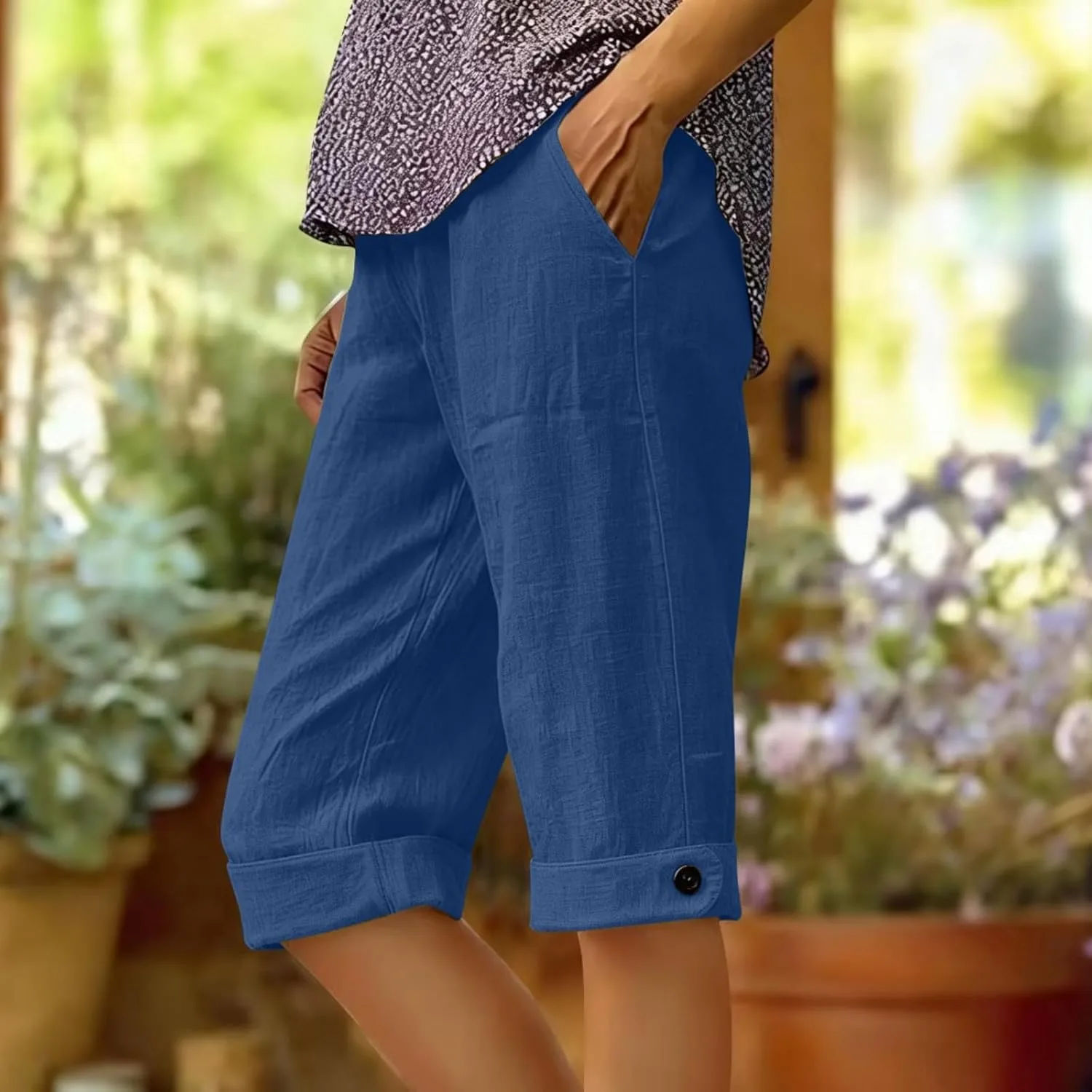Шорты прямого кроя для женщин, длина до колена, Casual, Cotton Linen — фото 2