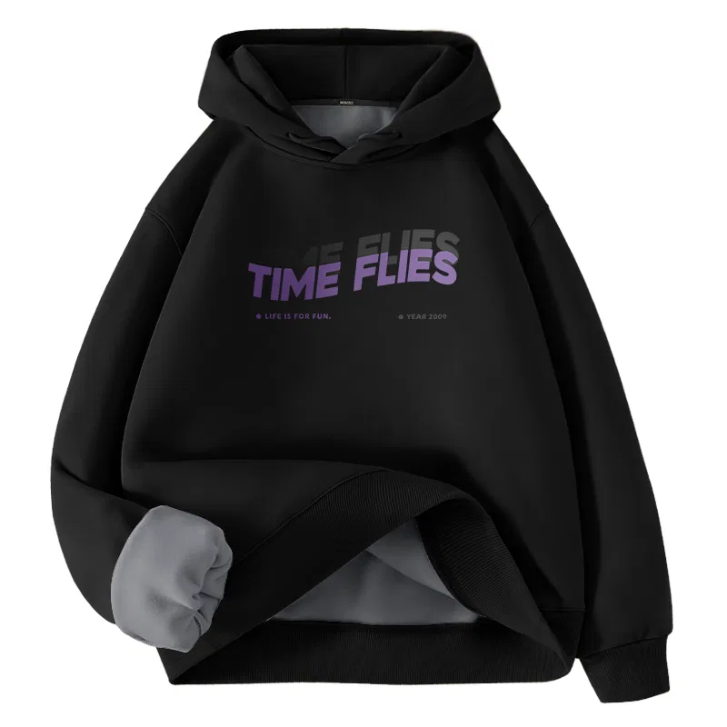 Детский худи утепленный на флисе с капюшоном MINISO, Heavyweight Fleece-Lined Black (Time Letter)