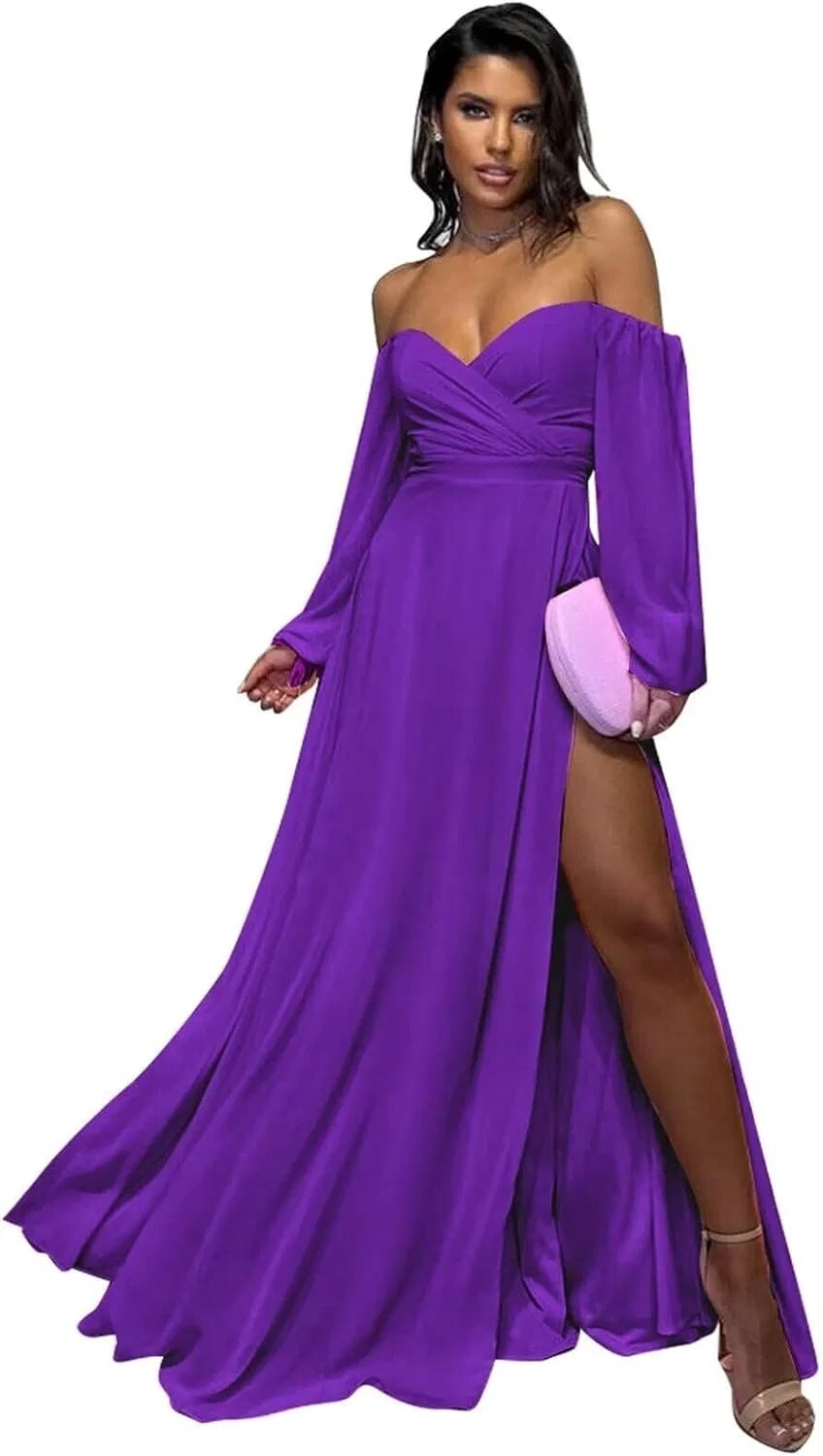 Женское длинное платье шифон с разрезом для подружек невесты Sweetheart, Purple