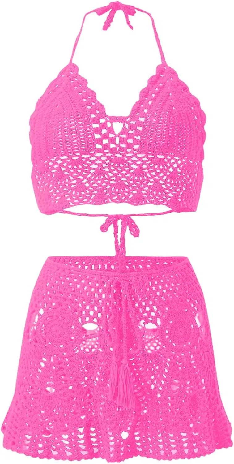 Женский бикини-сет с вырезами и мини-юбкой, Solid, Hot Pink — фото 4