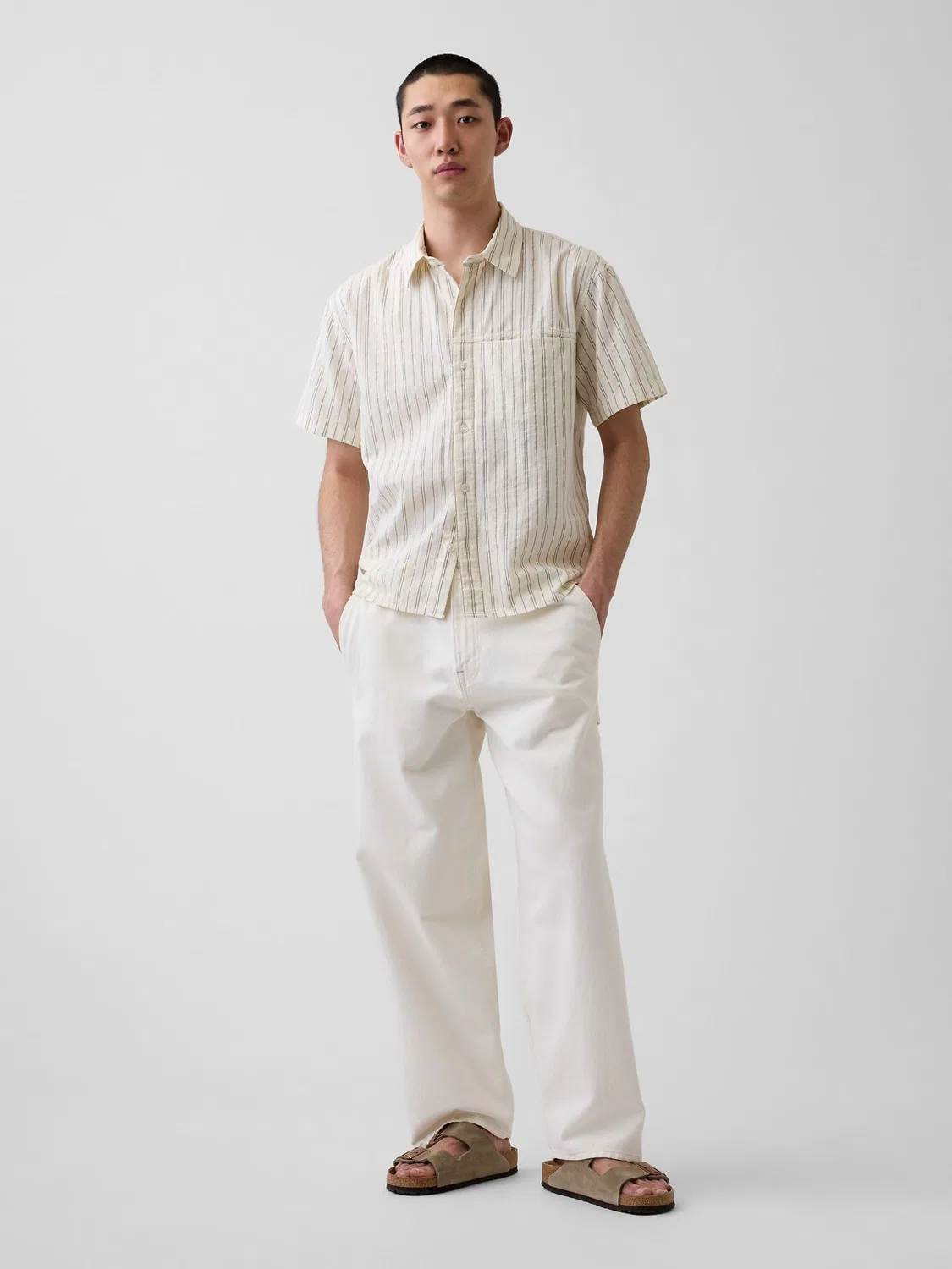 Рубашка Gap Seersucker Stripe Relaxed Curved-Hem Short Sleeve, кремовый — фото 3