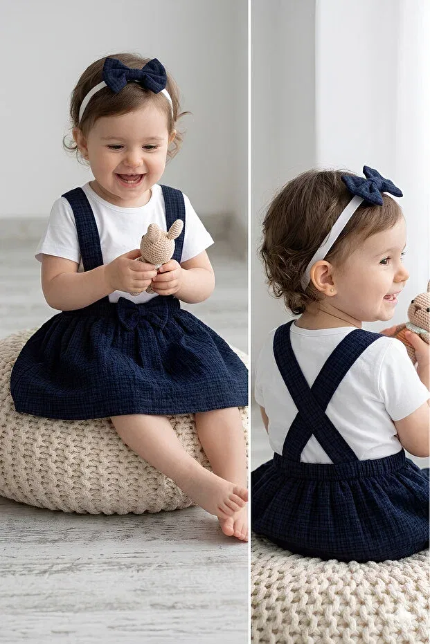 Детский комплект платьев-сарафанов из муслина с банданой 2 шт., Furyatex, Navy Blue