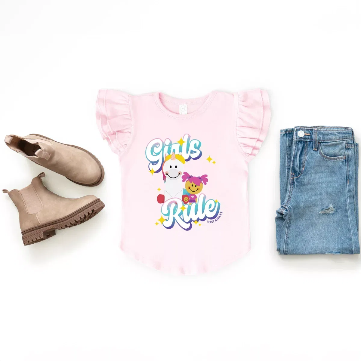 Детское футболка для девочек с принтом Mini Smiley Girls Rule The Juniper Shop, Seafoam — фото 2